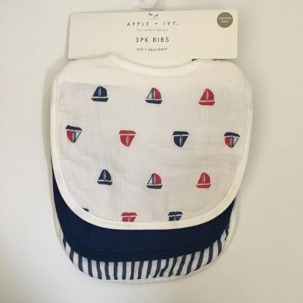 Baby Burp Cloths 3pk Cotton Sailboat Theme Soft Absorbent NEW | Apple + Ivy